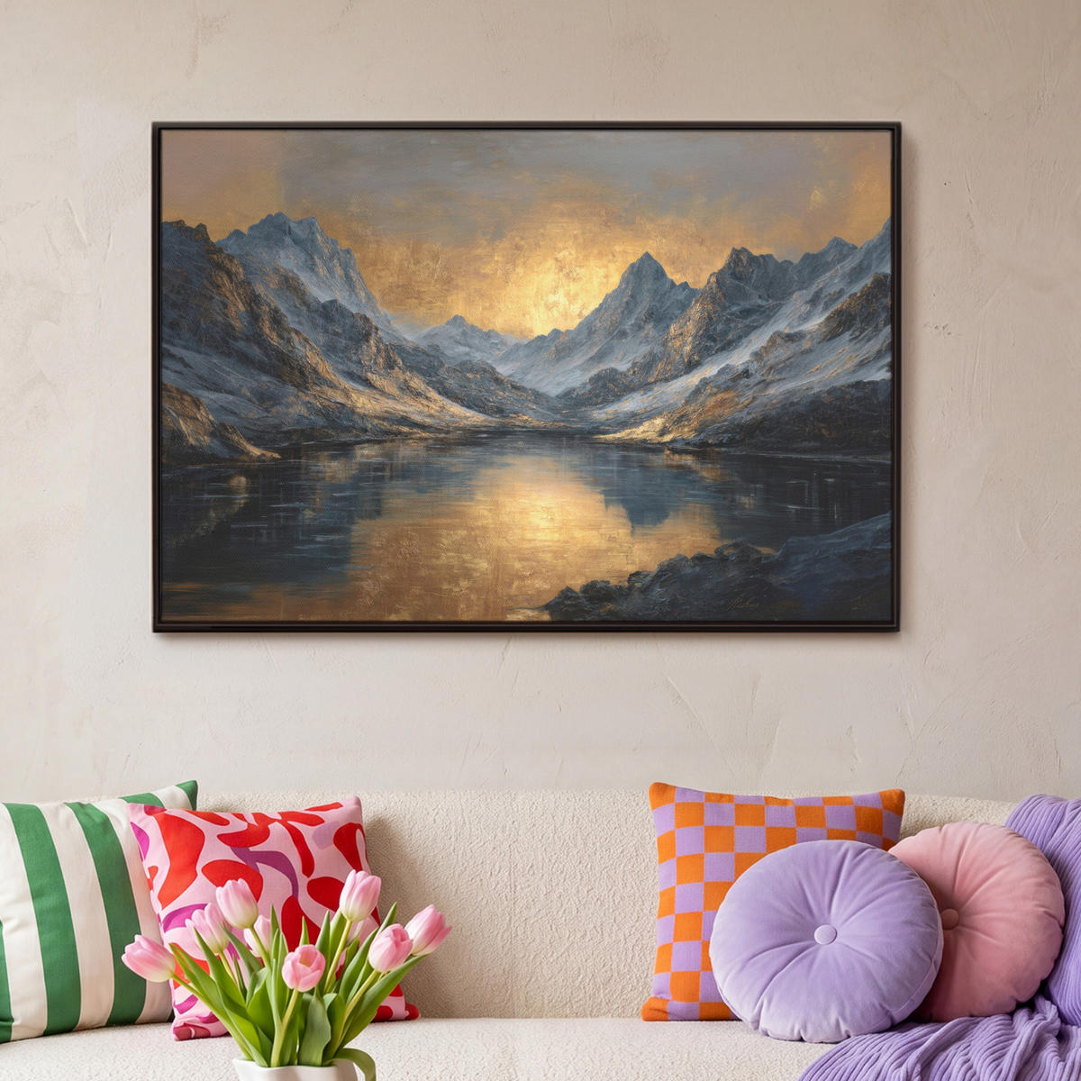 LEINWAND Bilder mit Rahmen - Bergkulisse mit goldenem Sonnenuntergang - 90x60 - Goldfarben, Textil (90/60cm) - MuchoWow