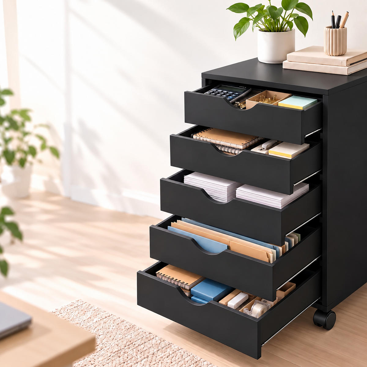 ROLLCONTAINER Schwarz 5 Schubladen auf Rollen 69 cm - Schwarz, Holzwerkstoff/Kunststoff (45/69/40cm) - Relaxdays