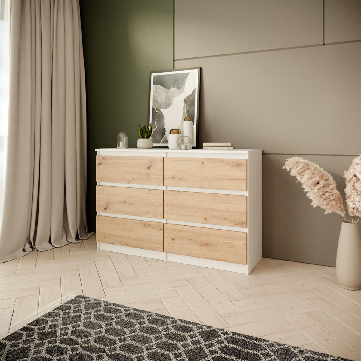 KOMMODE Look 100 cm mit sechs Schubladen, weiß+eiche Artisan - Weiß/Eiche Artisan, Holzwerkstoff (100/71/33cm) - Beautysofa