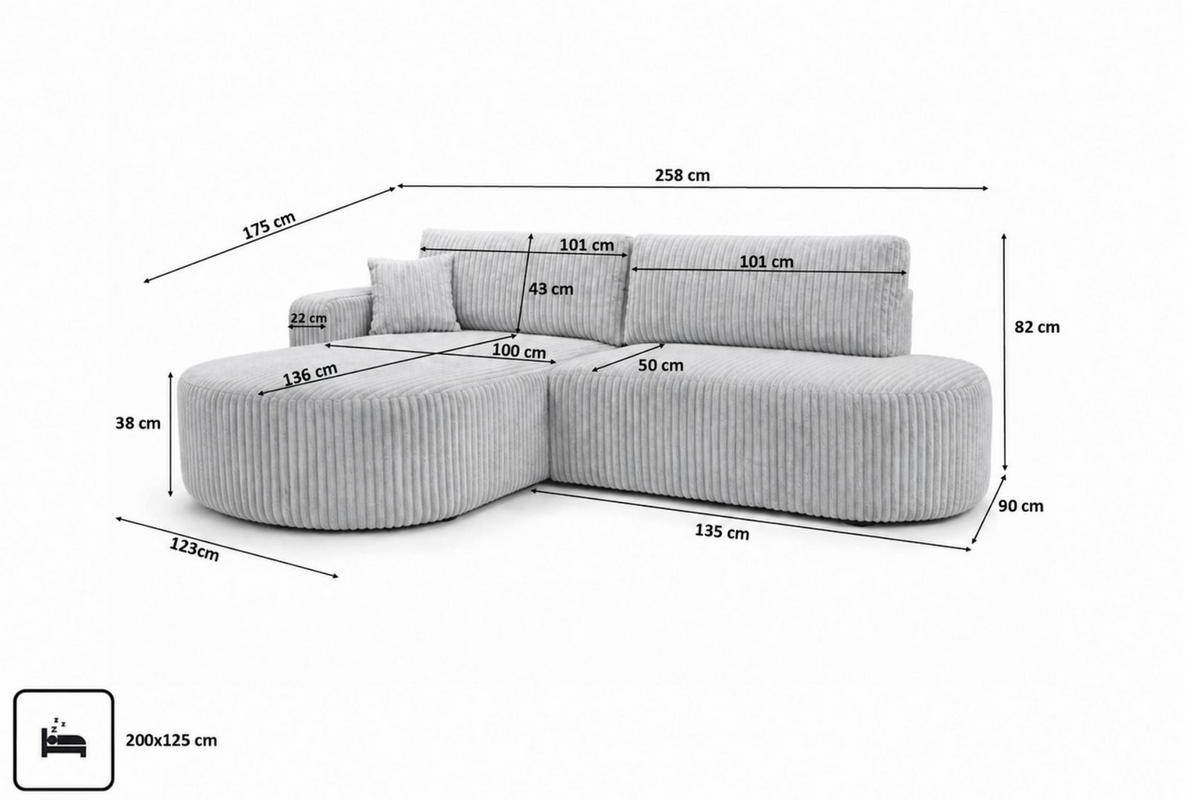 ECKSOFA Mit Schlaffunktion Und Bettkasten, Cordstoff Tilia, Grau, Links, ROUND ONE OPEN XL - Grau, Holz (258/175cm) - Kaiser Möbel