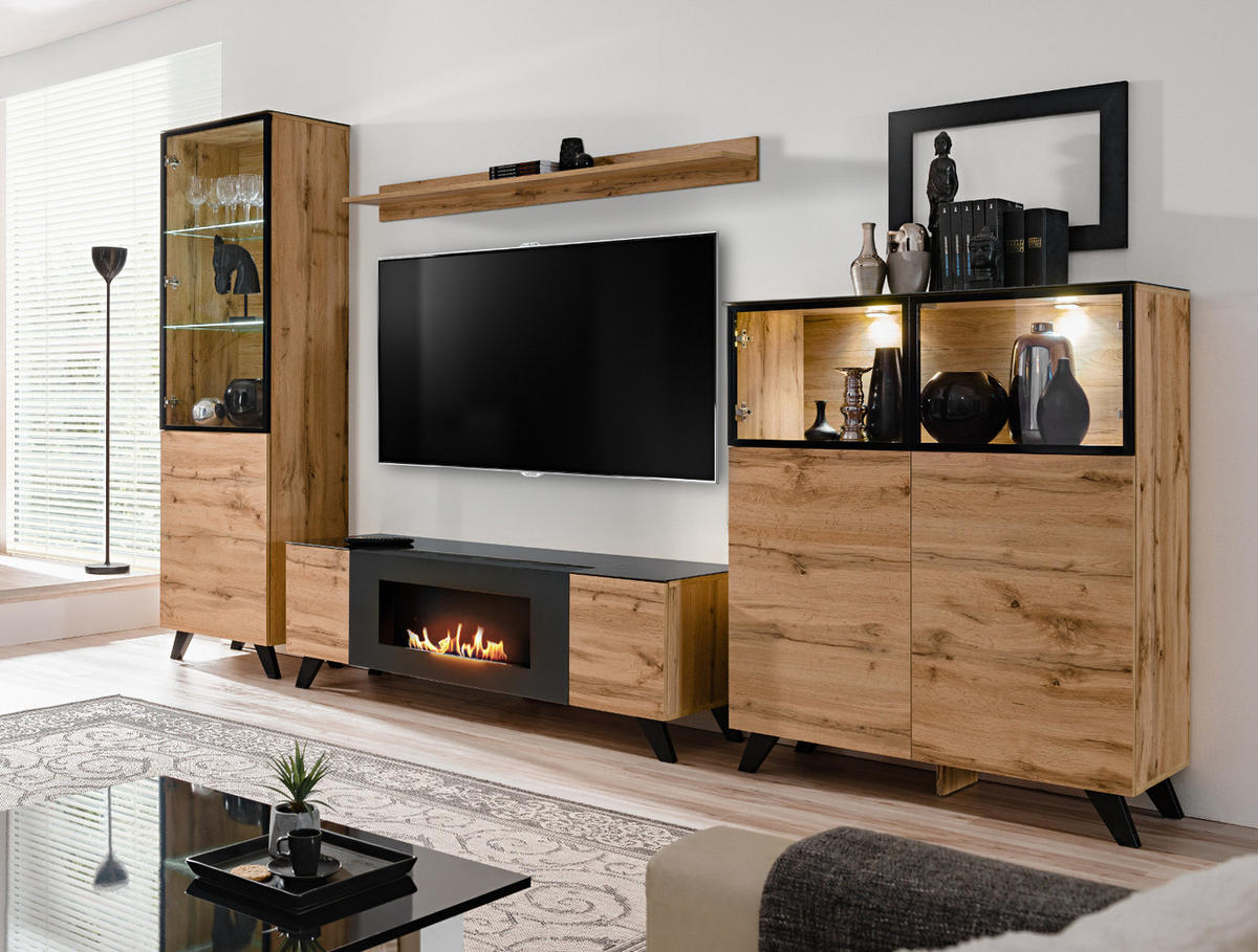 TV-LOWBOARD Wotan Eiche, schwarz 150 cm, TV unterteil mit Kamin - Eichefarben/Schwarz, Holz/Holzwerkstoff (150/47/46cm) - Inn.Furn
