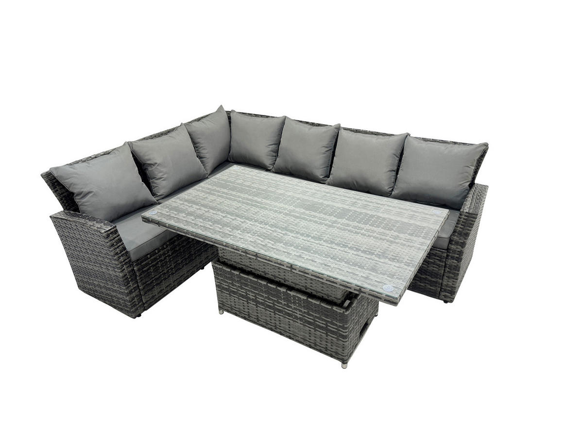 GARTENSET mit höhenverstellbarer Tisch Polyrattan 6-Sitzer - Dunkelgrau/Grau, Glas/Kunststoff - Fimous