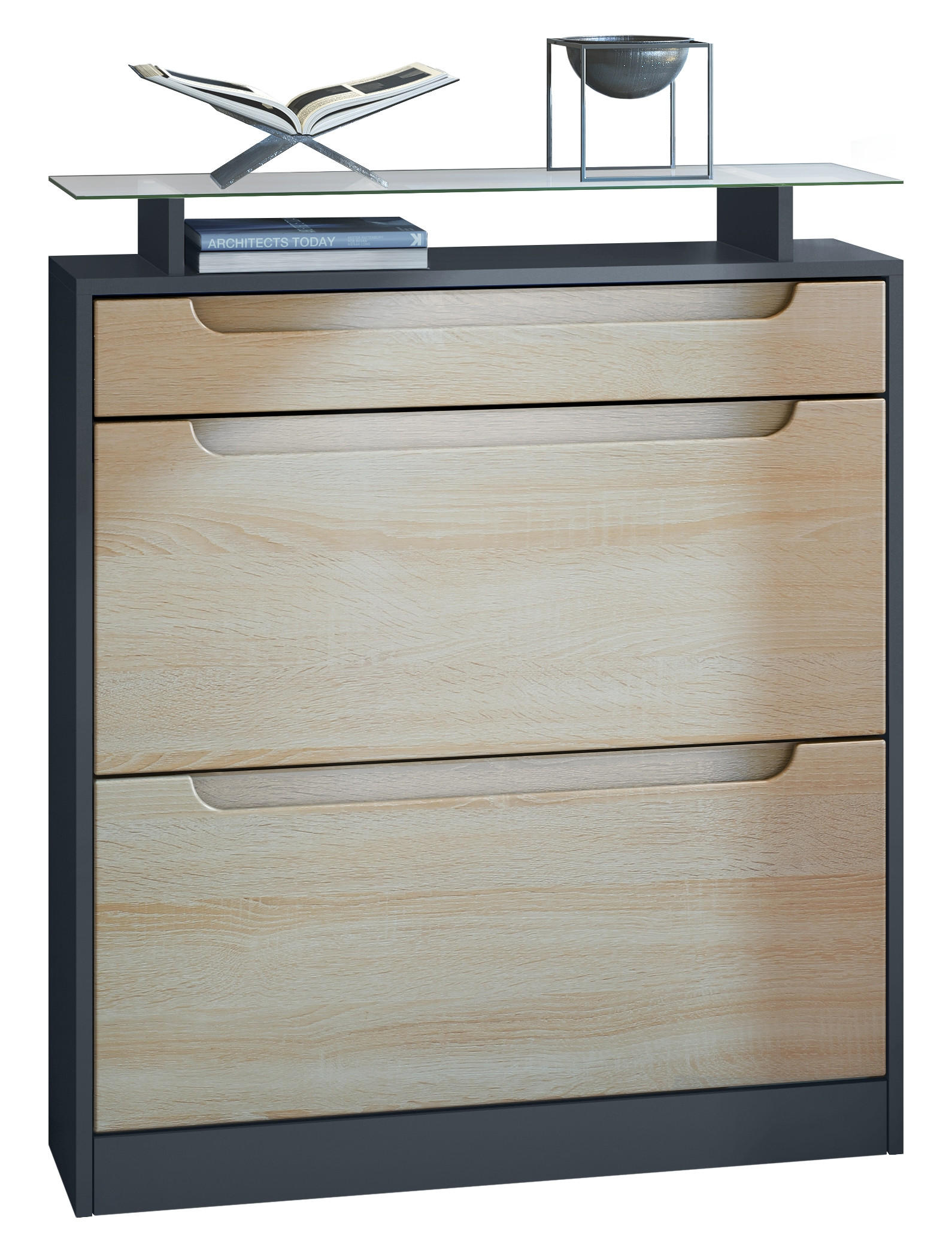 SCHUHSCHRANK Fiesta Fronten in Eiche sägerau, Griffmulden in Eiche sägerau - Eiche San Remo, Holzwerkstoff (89/104/23cm) - Vladon