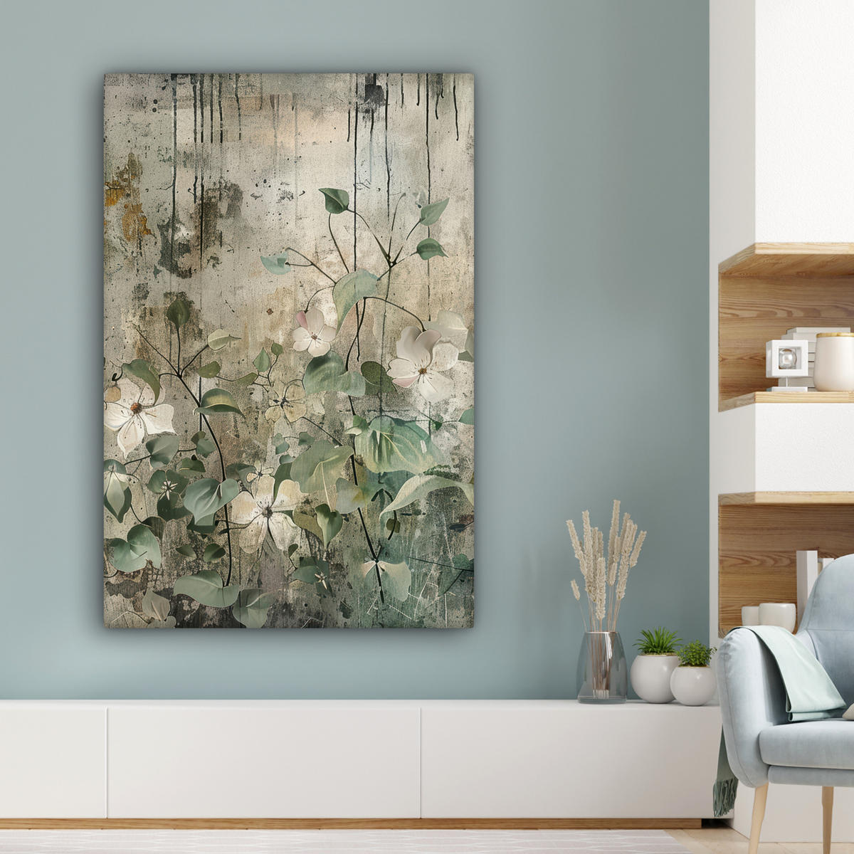 LEINWANDBILD - Blumen - Blätter - Abstrakt - Modern - 80x120 - Wanddeko - Grau, Textil (80/120cm) - MuchoWow