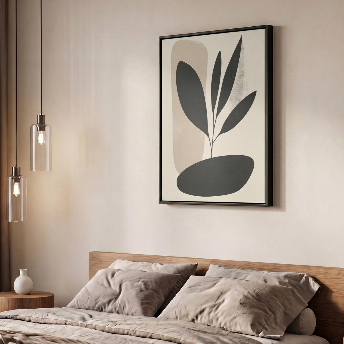 LEINWAND Bilder mit Rahmen - Pflanze - Beige - Japanisch - 50x70 - Schwarz, Textil (50/70cm) - MuchoWow
