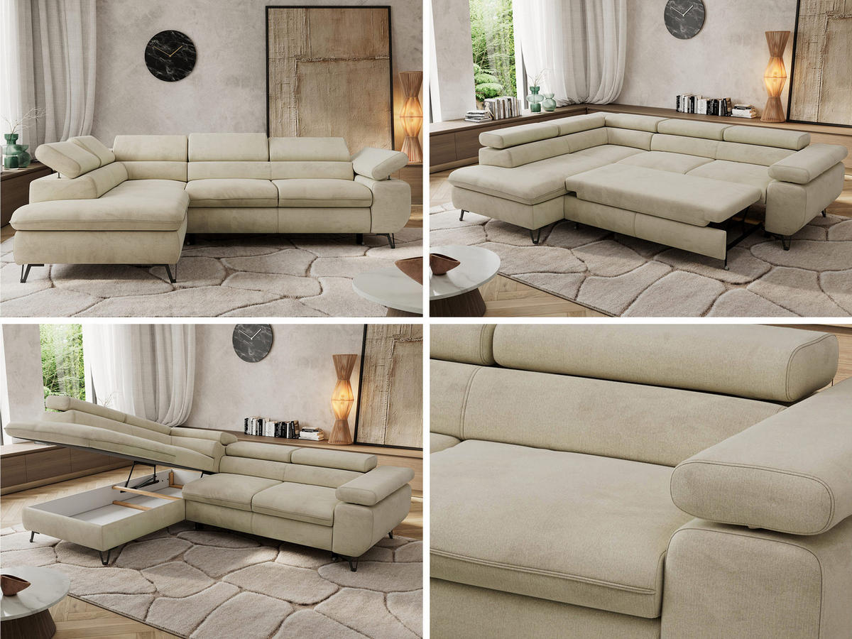 ECKSOFA PABLO L Beige Velvet - Links Seite - Beige/Schwarz, Textil/Metall (208/273cm) - MKS