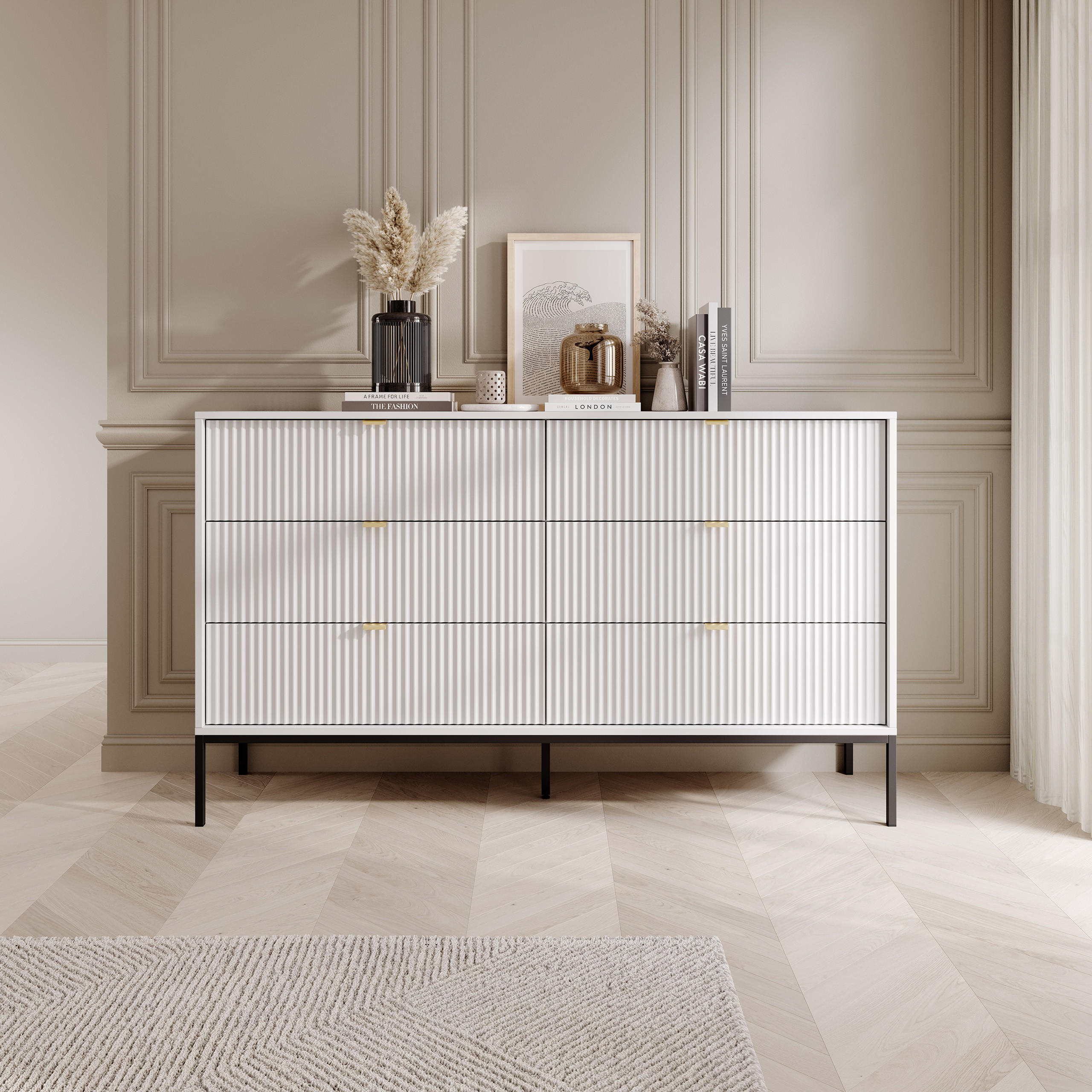 SIDEBOARD STELLARE 154/91/39 cm mit 6 Schubladen Weiß - Weiß, Holzwerkstoff (154/91/39cm) - MASSENO