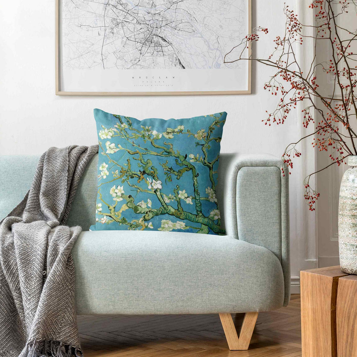 KISSENBEZUG Vincent van Gogh - Mandelblüte 50/50 cm - Blau, Textil (50/50cm) - Bilderwelten