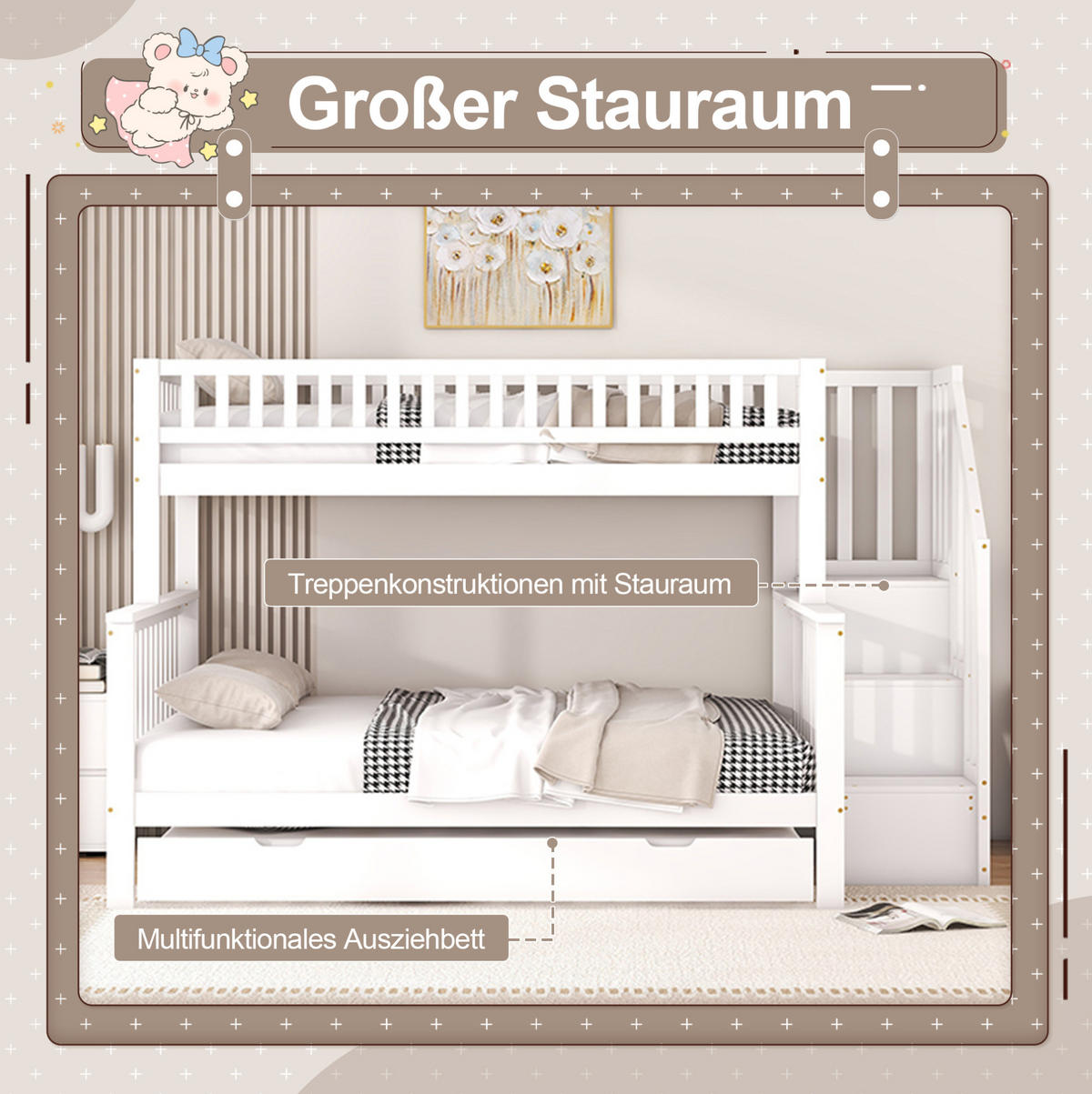 ETAGENBETT 90/200 und 140/200 cm mit Rollbett, Treppe mit Stauraum und Lattenrost, Kiefer, Weiß - Weiß, Holzwerkstoff (90/200cm) - Redom