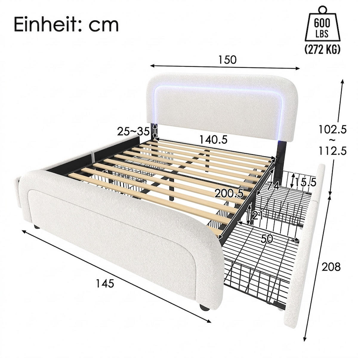 POLSTERBETT 140/200 cm Weiß mit USB Typ C Ladefunktion LED-Beleuchtung und 2 Schubladen - Weiß, Textil (140/200cm) - Oxeza