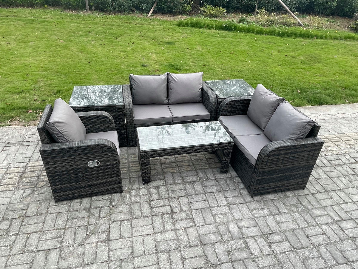 GARTENSOFA SET mit rechteckigem COUCHTISCH Polyrattan 5-Sitzer Dunkelgrau - Dunkelgrau/Grau, Glas/Kunststoff - Fimous