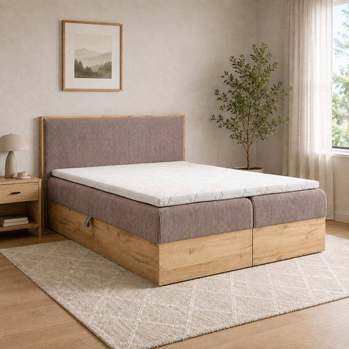 BOXBETT Holzoptik Sonoma mit Topper 160x200 cm Altrosa - Mauve, Textil (160/200cm) - Home Collective