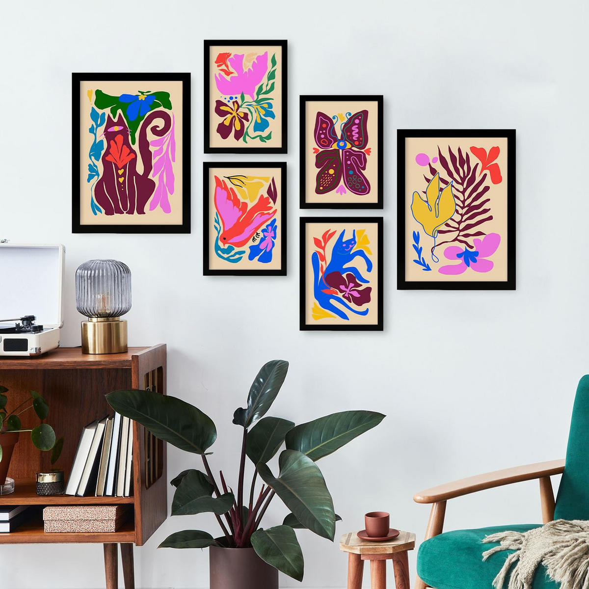 POSTER Set Mit 6 Malerisch 1 In Tiere Abstracts Ästhetische Dekorative Gemälde Für Ihr Wohnzimmer, Schlafzimmer, Zuhause A3 & A4 Schwarzer Rahmen - Schwarz, Papier (29/3cm) - Nacnic