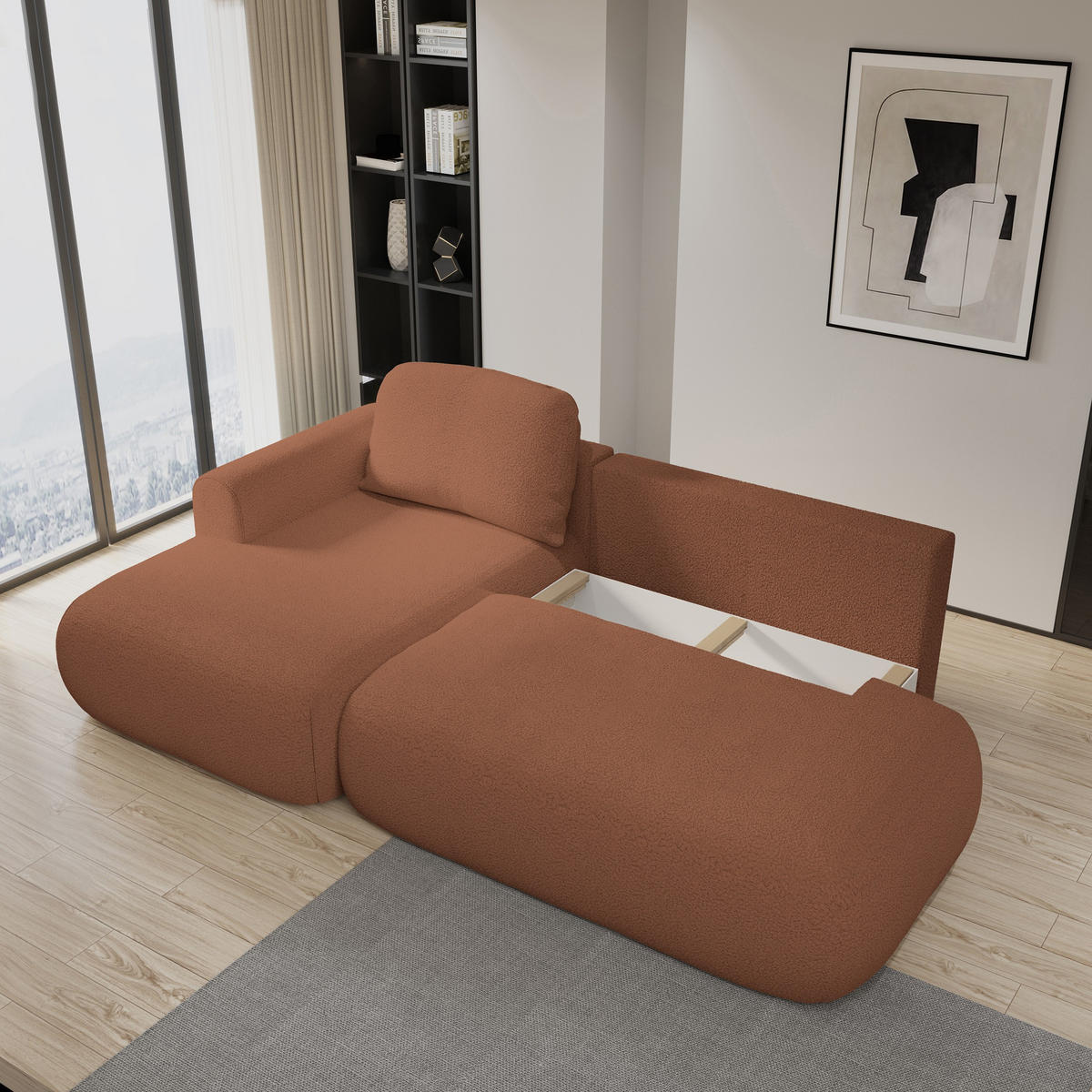 ECKSOFA NUVIRA L-S Kupferfarben Boucle-Stoff mit Schlaffunktion - Kupferfarben, Holz (274/165cm) - MASSENO