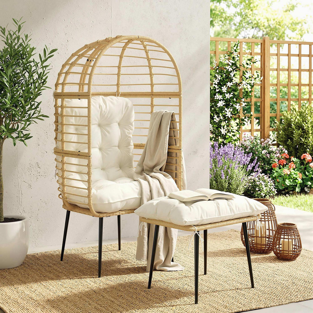 EIERSESSEL PE-Rattan Stahl Beige - Beige/Creme, Kunststoff/Textil (65/147/76cm) - Outsunny
