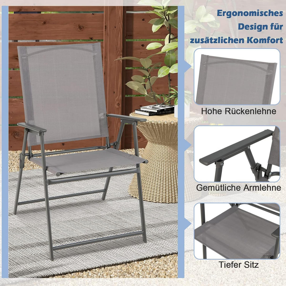 KLAPPSTÜHLE Grau(2er-Set) - Grau, Metall (58/96/58cm) - COSTWAY