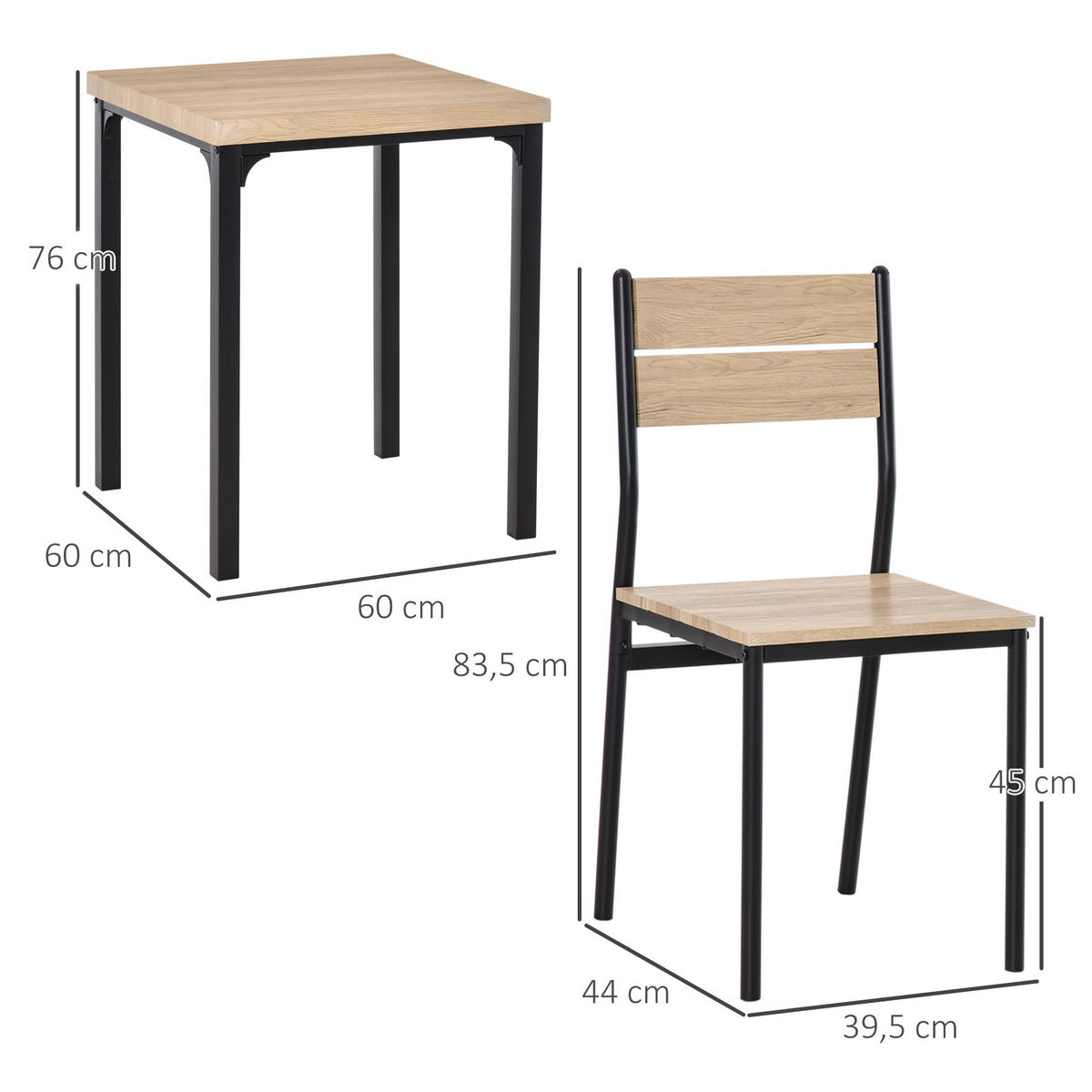 3-TEILIGE Essgruppe Küchentisch mit Metallgestell Esszimmergruppe Sitzgruppe - Schwarz/Naturfarben, Holzwerkstoff/Metall (60/76/60cm) - HOMCOM