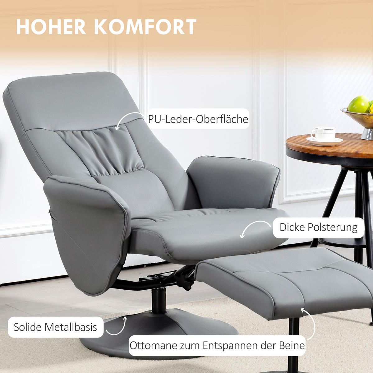 RELAXSESSEL mit Hocker, Fernsehsessel, TV Sessel mit Liegefunktion, Kunstleder - Hellgrau/Grau, Metall (76/101/81cm) - HOMCOM