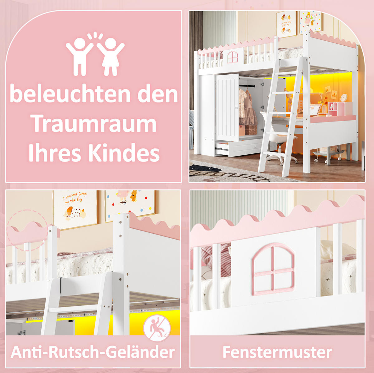 HOCHBETT 90/200 cm Weiß mit Kleiderschrank, Schublade und LED-Beleuchtung - Weiß, Holz (90/200cm) - Flora Grace