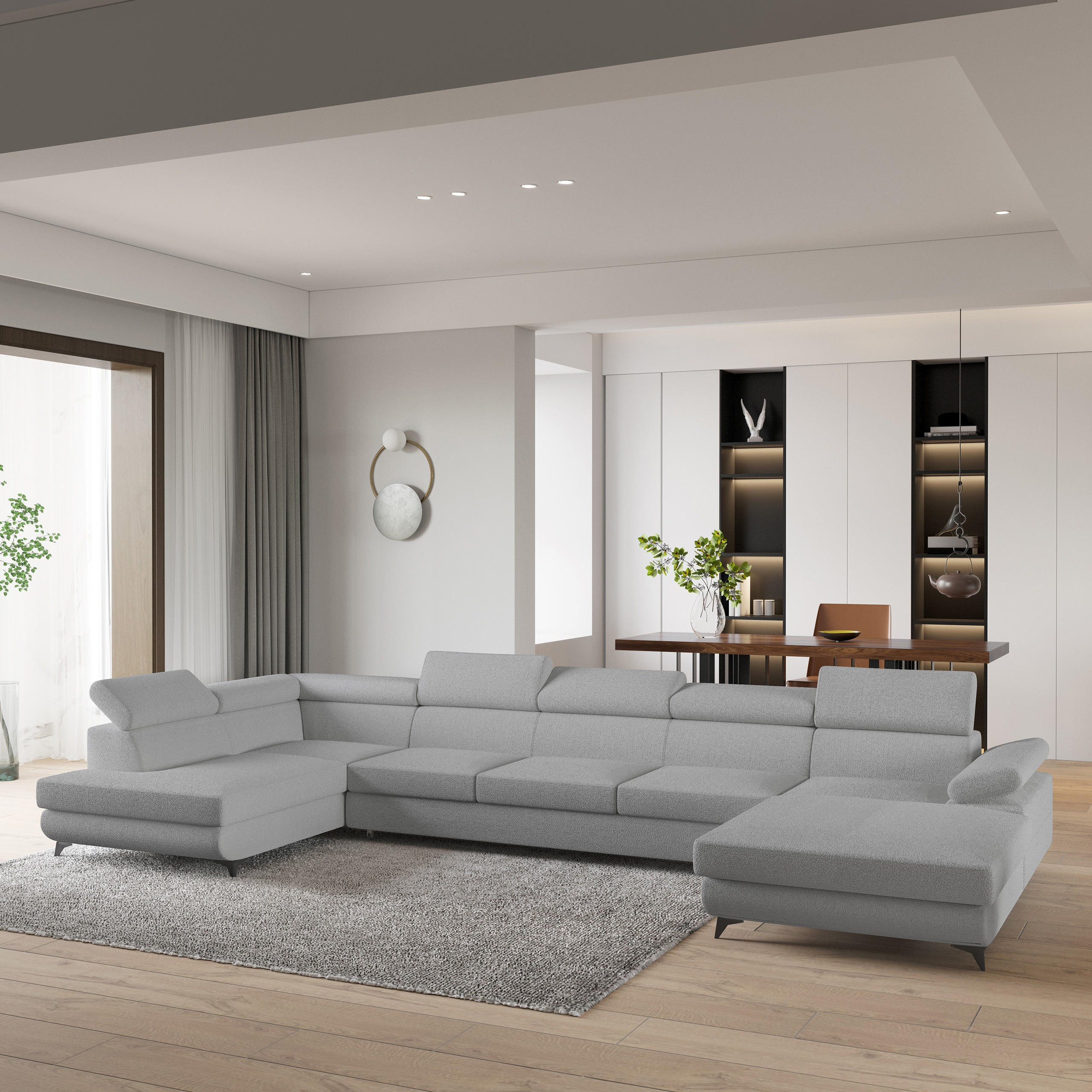 WOHNLANDSCHAFT MONTIVA Hellgrau Boucle-Stoff mit Schlaffunktion - Hellgrau, Holz (410/89/190cm) - MASSENO