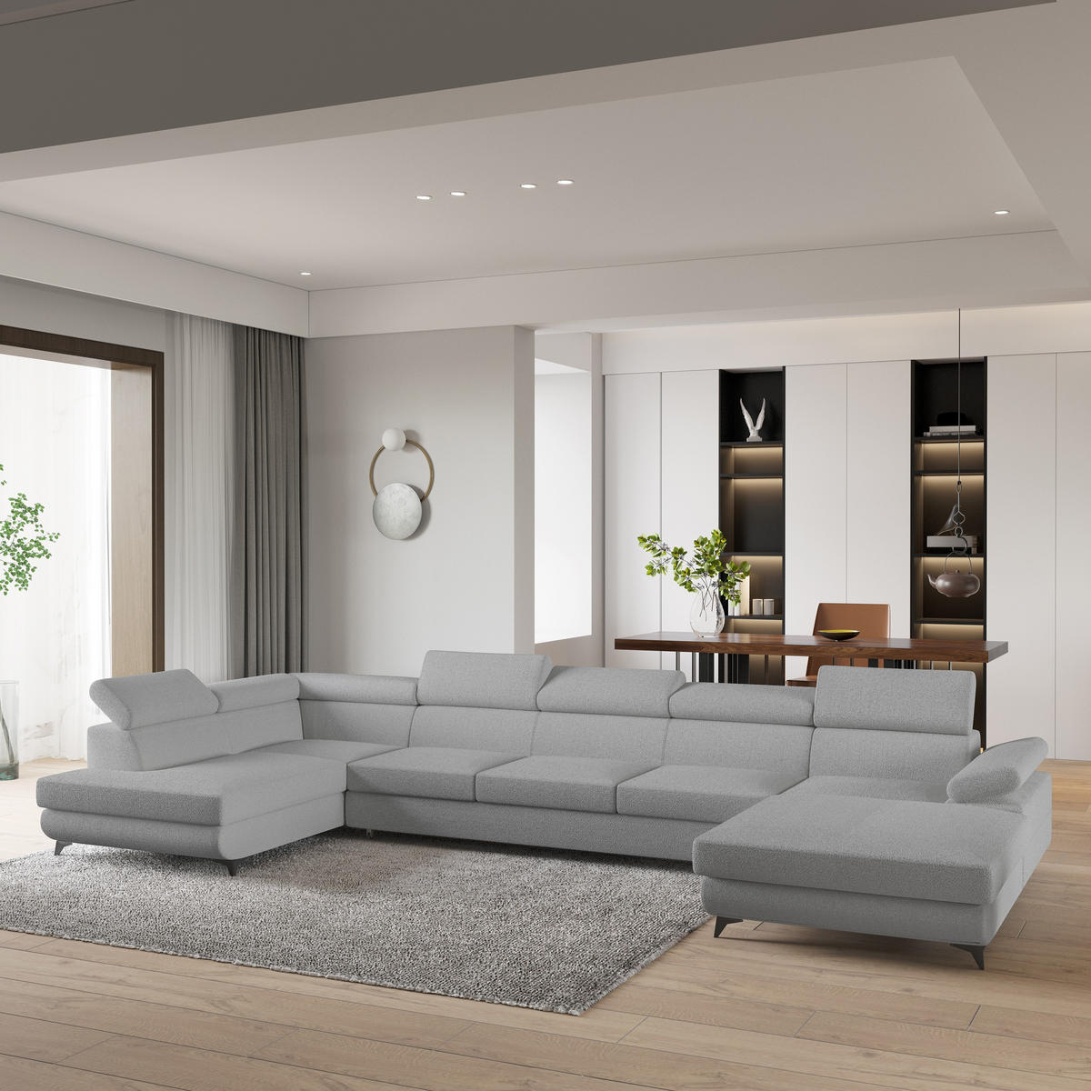 WOHNLANDSCHAFT MONTIVA Hellgrau Boucle-Stoff mit Schlaffunktion - Hellgrau, Holz (410/89/190cm) - MASSENO