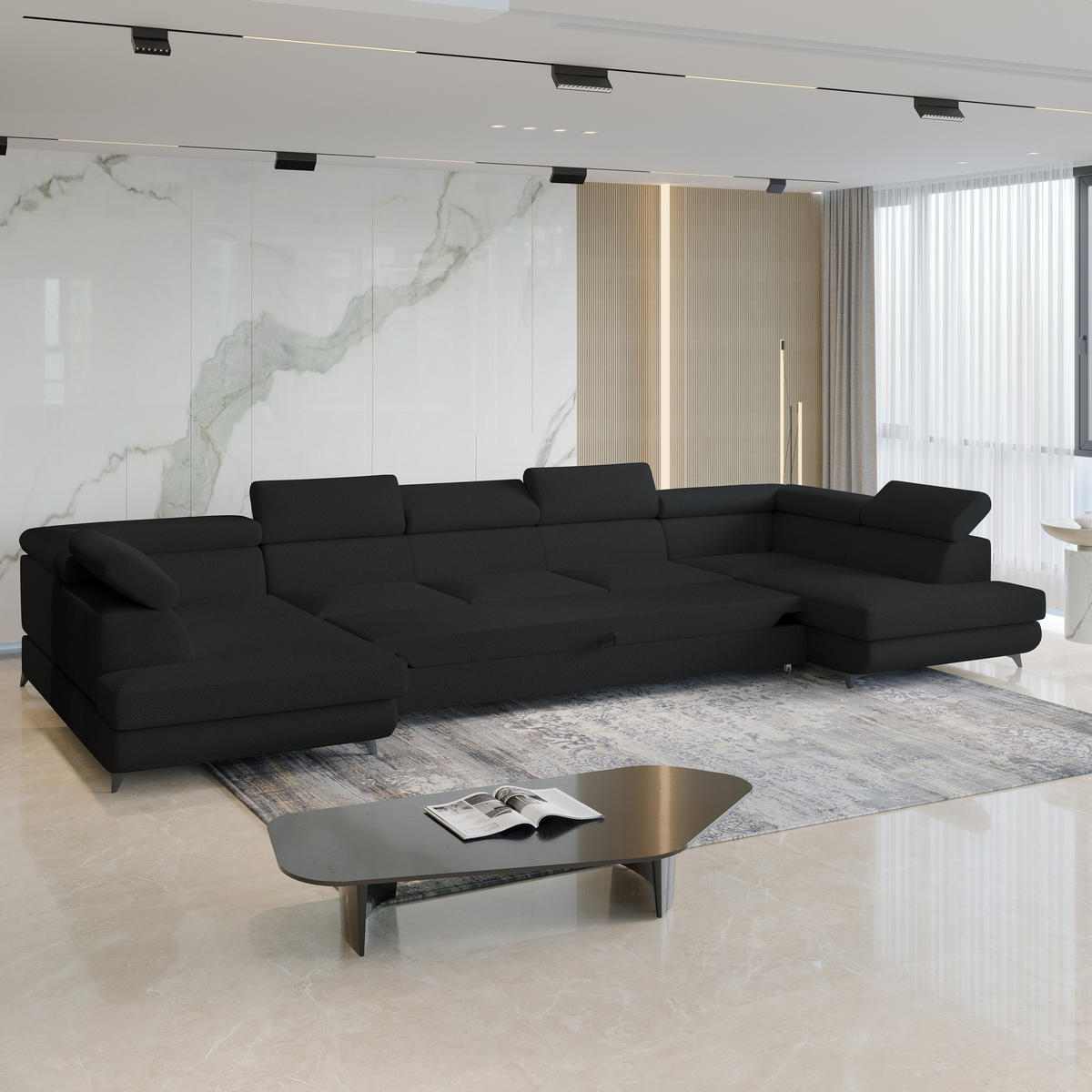 WOHNLANDSCHAFT URMANO Schwarz Boucle-Stoff mit Schlaffunktion - Schwarz, Holz (395/89/190cm) - MASSENO