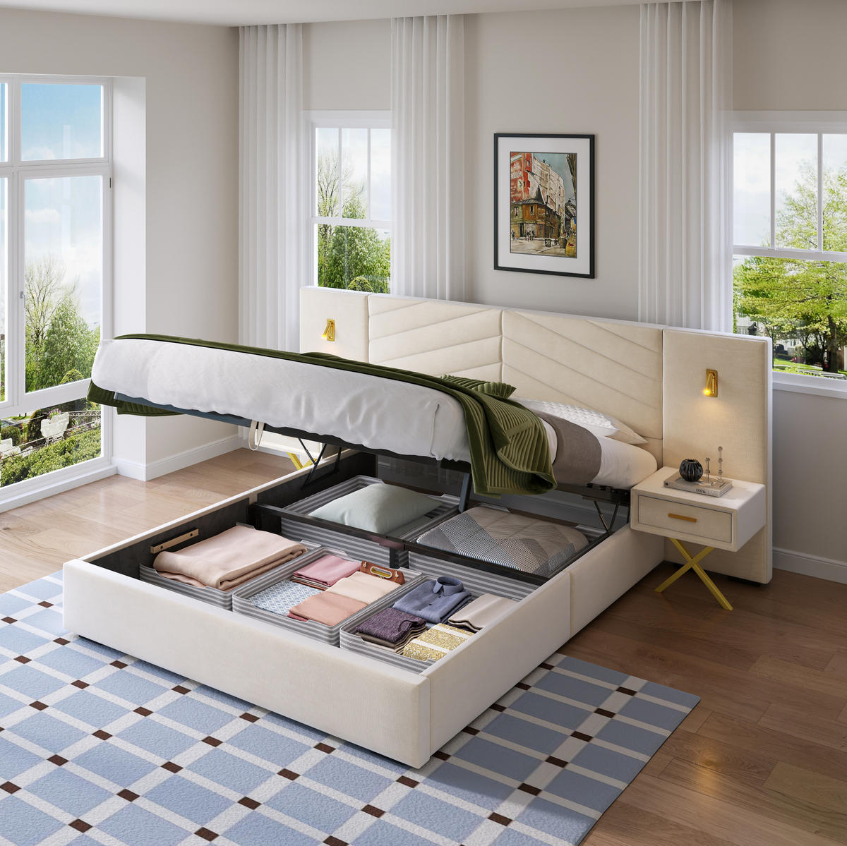 BETT mit Bettkasten 160x200 cm Samt Beige White - Beige, Holz (160/200cm) - Meubliv