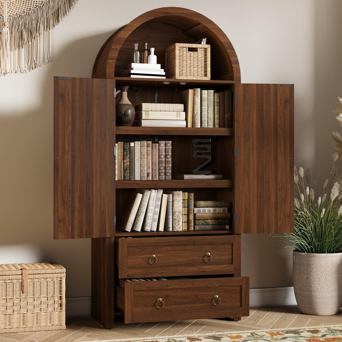 BÜCHERREGAL in Walnussfarben Aufbewahrungsschrank mit Doppelschubladen für Wohn- und Schlafzimmer, B80/T40/H180 cm - Nussbaumfarben, Holzwerkstoff/Metall (80/180/40cm) - STILVORA