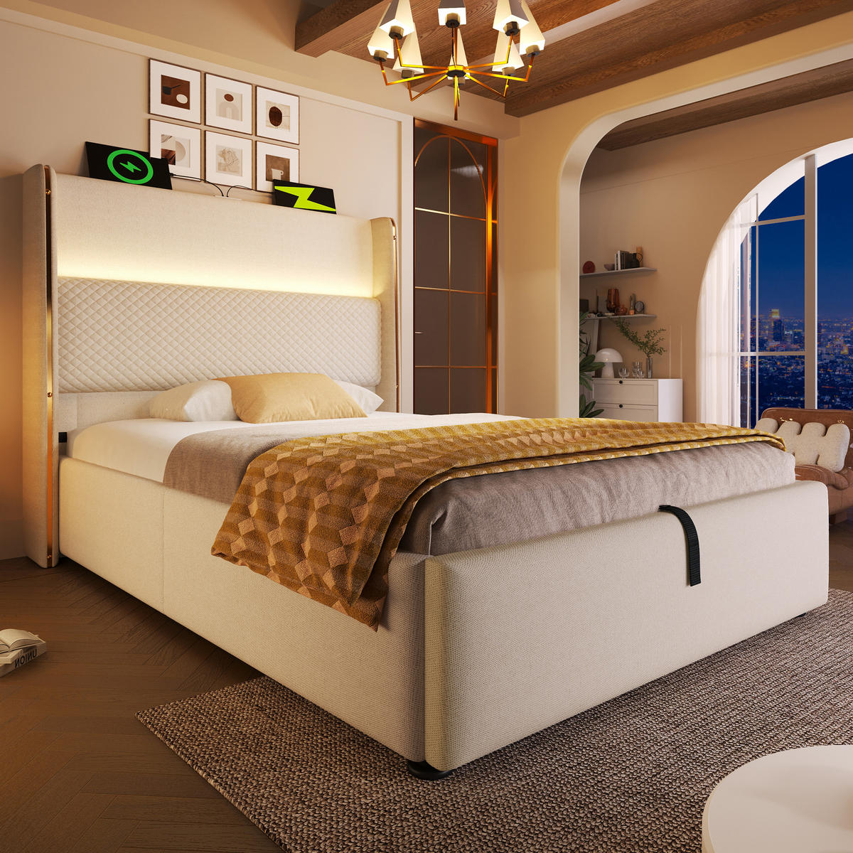 POLSTERBETT 90/200 cm mit hydraulischem Bettkasten, LED-Kopfteil & USB/Type-C, Beige - Beige, Textil (90/200cm) - Redom