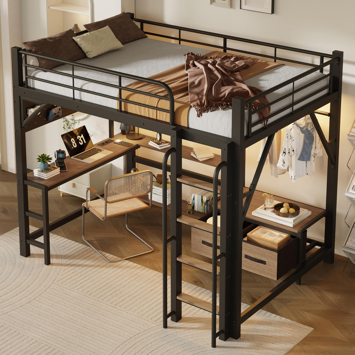 HOCHBETT 140/200 cm mit Eisenrahmen Schwarz, Schreibtisch, Lochwand und LED-Licht - Schwarz, Metall
