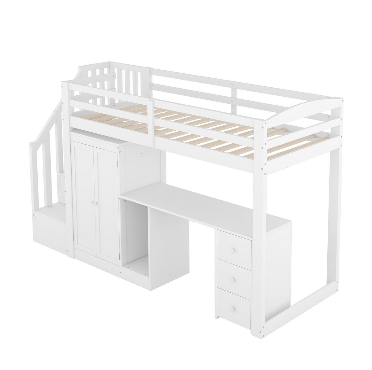 HOCHBETT 90/200 cm in Weiß mit Schreibtisch, Kleiderschrank und Stauraumtreppe - Weiß, Holzwerkstoff (90/200cm) - Flora Grace