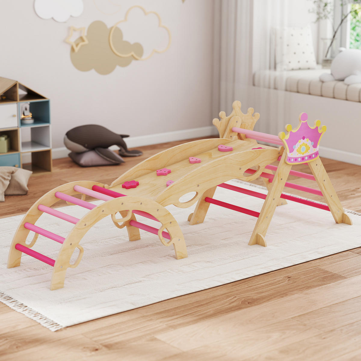 KLETTERGERÜST 8-in-1 DE-09863 mit Rutsche, Rampe und Bogen Holz - Pink, Holz (42/38/80cm) - ComfortXL