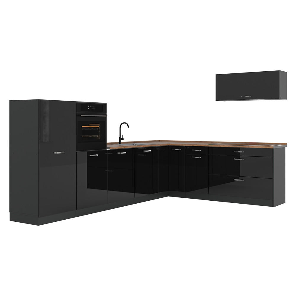 ECKKÜCHE R-Line, Schwarz Hochglanz/Anthrazit, 327 x cm Arbeitsplatte Goldkraft Eiche - Schwarz Hochglanz/Anthrazit, Holzwerkstoff (327/143/60cm) - Vicco
