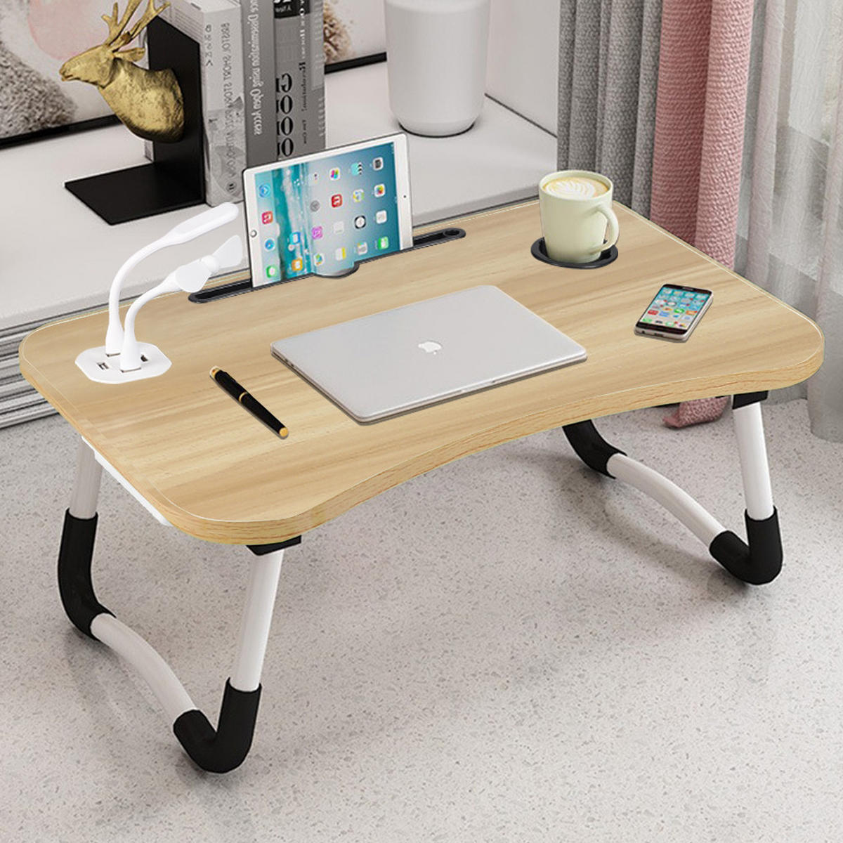 LAPTOPTISCH Klappbarer mit USB-Anschlüssen für Bett und Couch in Holzoptik - Naturfarben, Metall (40/60/28cm) - Livingandhome