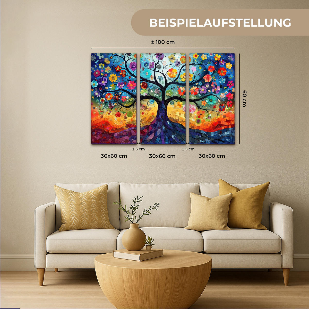 LEINWANDBILD 3er Set Bunt - Baum des Lebens - Blumen - Abstrakt 90x60 cm - Blau, Textil (90/60cm) - MuchoWow
