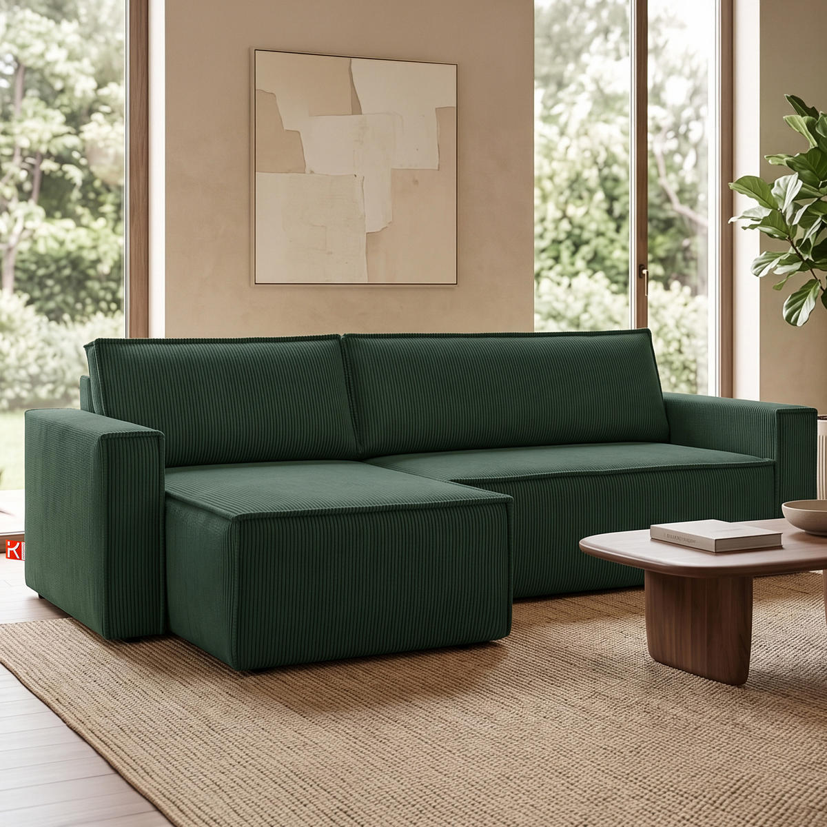 ECKSOFA-LINKS/RECHTS NAPI Schlaffunktion mit Cordbezug, dunkelgrün - Dunkelgrün/Schwarz, Textil (246/148cm) - KONSIMO®