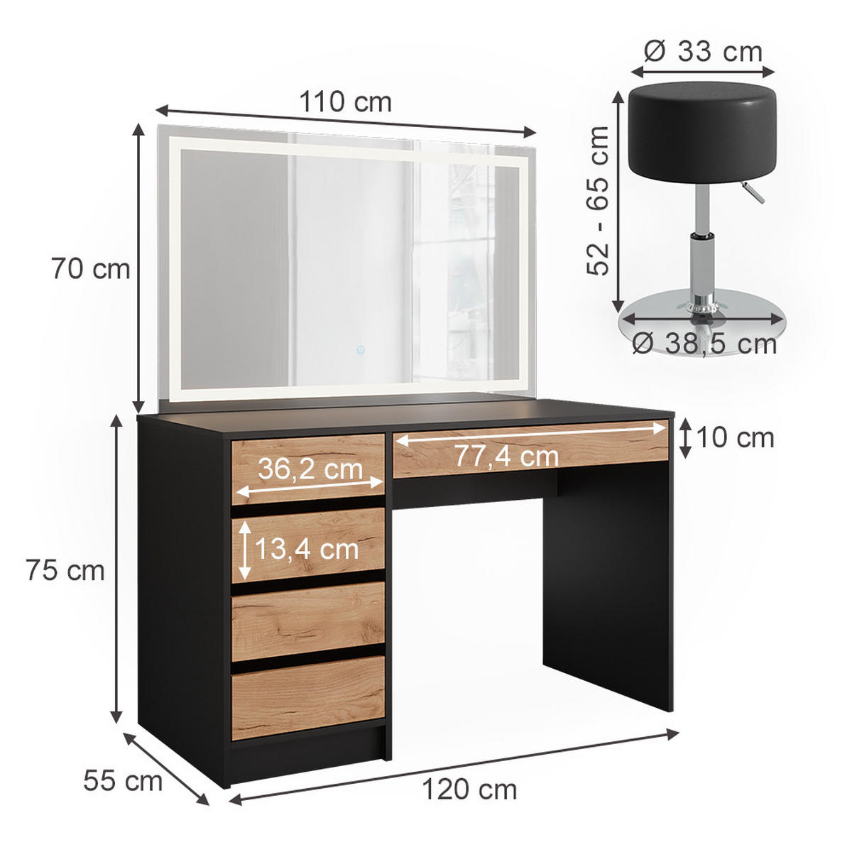 SCHMINKTISCH Sherry Anthrazit/Goldkraft Eiche 120 x 75 cm mit LED-Spiegel und Hocker - Honigeiche/Anthrazit, Holzwerkstoff (120/75/55cm) - Vicco