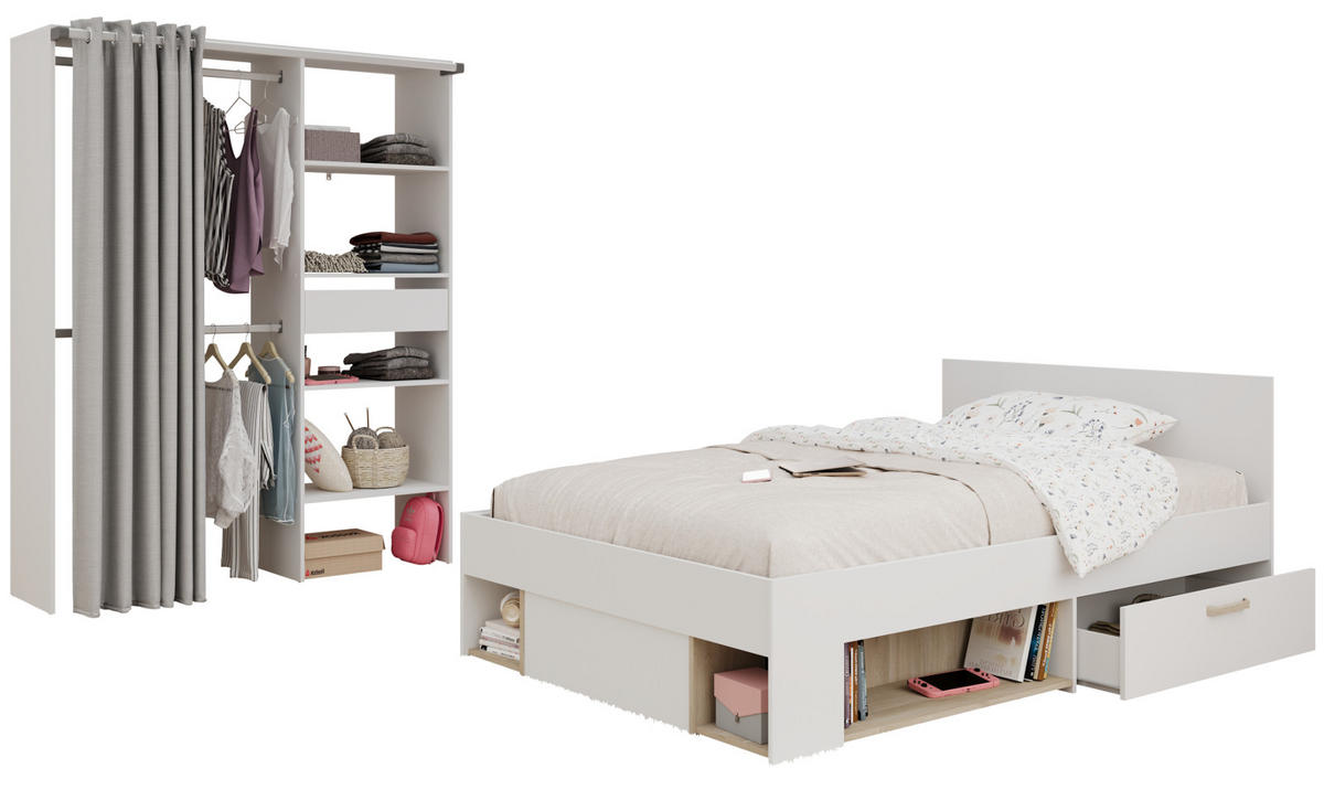 KINDERZIMMER-SET 2-teilig weiß, Eiche, Jugendzimmer mit Stauraumbett - Eichefarben/Weiß, Holzwerkstoff/Kunststoff (143/182/204cm) - Parisot Meuble