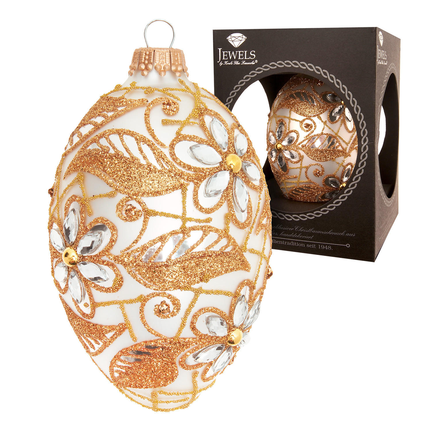 CHRISTBAUMSCHMUCK Ei-Strassdekor Blumen und Blätter Silberfarbig 10cm (Glas / 1 Stk.) - Silberfarben, Glas (7/10/7cm) - Krebs Glas Lauscha