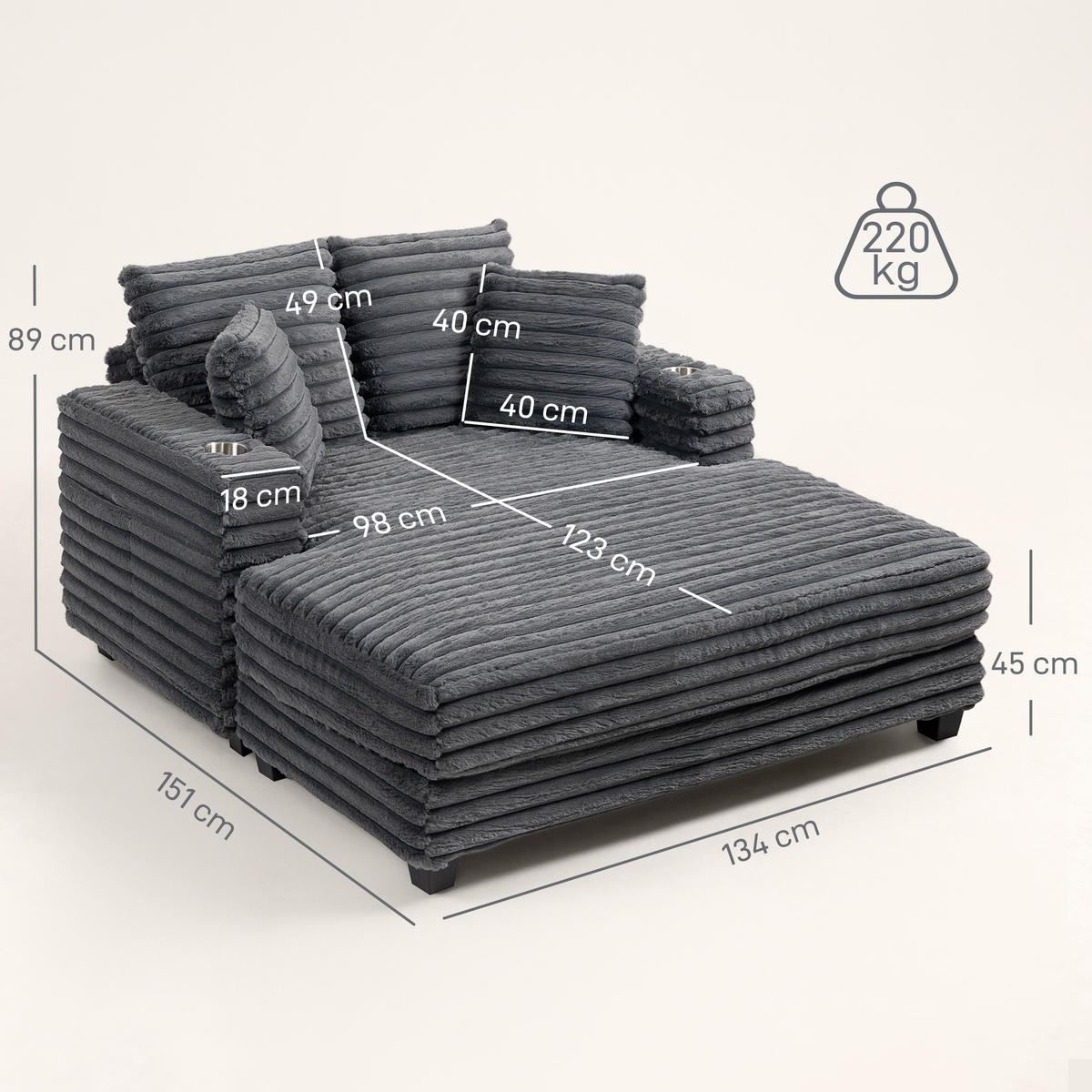 SCHLAFSOFA mit Getränkehalter 134/151/89 cm Grau - Schwarz/Grau, Kunststoff/Textil (134/89/151cm) - HOMCOM