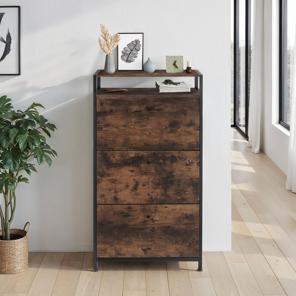 SCHUHSCHRANK Braddock,inklusive Kippschutz, 61 x 32 x 130 cm,Industrial Holz dunkel, rustikal - Rostfarben, Holzwerkstoff (32/130/61cm) - tectake