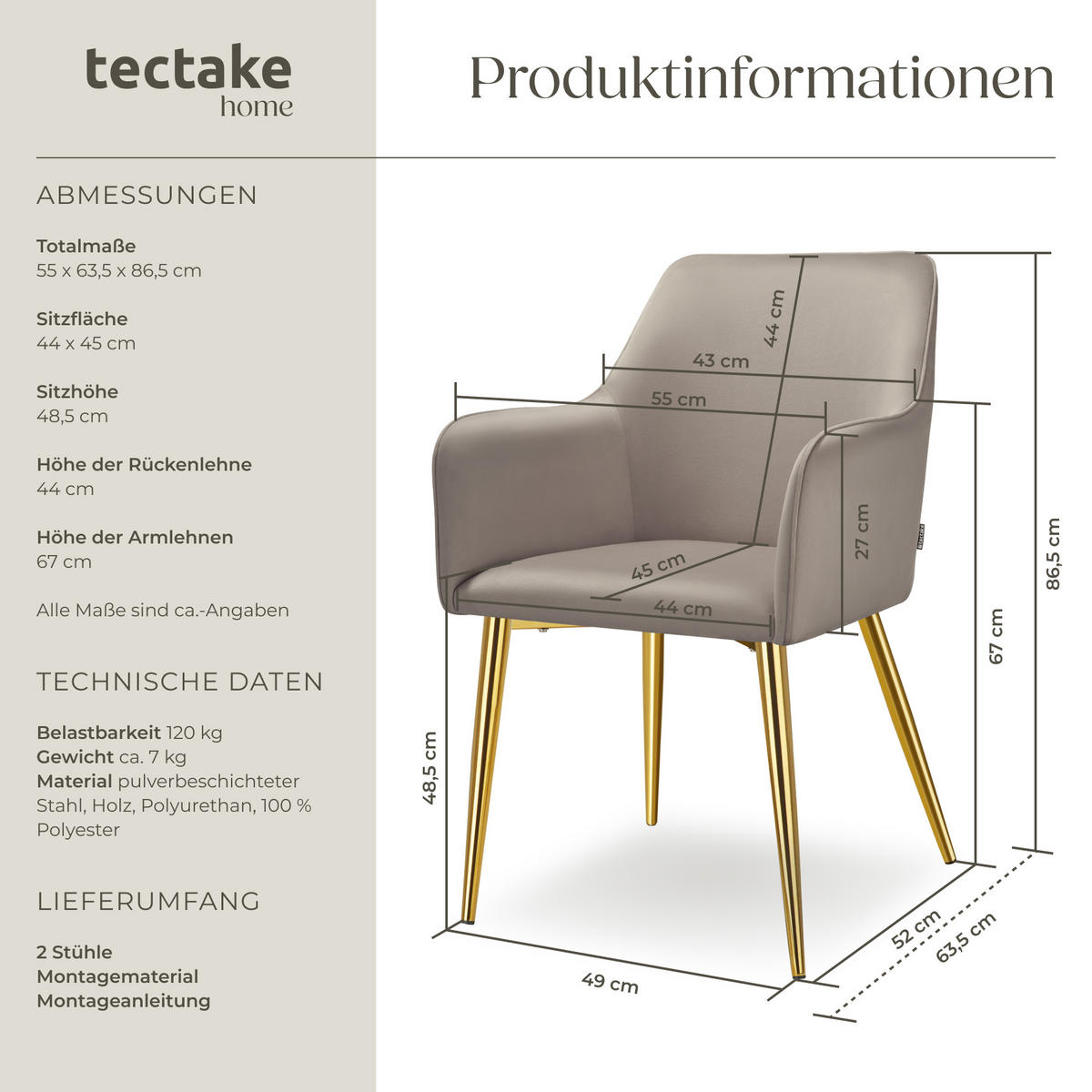 ARMLEHNSTUHL 2er Set Avane 55 x 63 5 x 86 5 cm taupe - Taupe, Textil (55/86.5/63.5cm) - tectake
