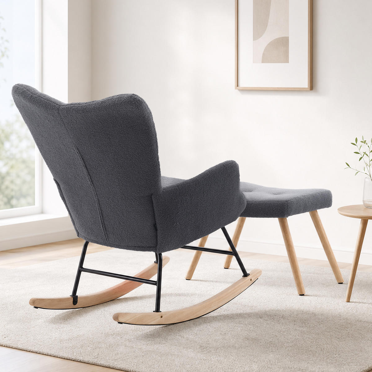 SCHAUKELSTUHL wohnzimmer mit hocker und verdicktem Sitzkissen ,Bodenschutzleiste, grau - Grau, Holzwerkstoff/Textil (68/91/88cm) - STILVORA