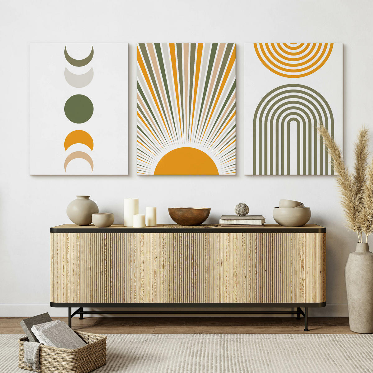 LEINWANDBILDER 3-es Set Geo-Muster Boho - Weiß/Orange, Textil (90/40cm) - Muralo