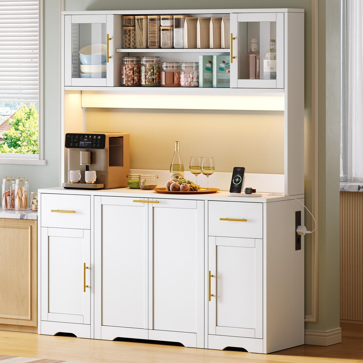 KÜCHENBUFFET 140x40x173 cm, 2 Schubladen, ausziehbarer Müllschrank, LED-Beleuchtung, 2 USB-Anschlüsse, Glastüren, verstellbare Einlegeböden, Weiß - Weiß, Holzwerkstoff (140/173/40cm) - FOHERE