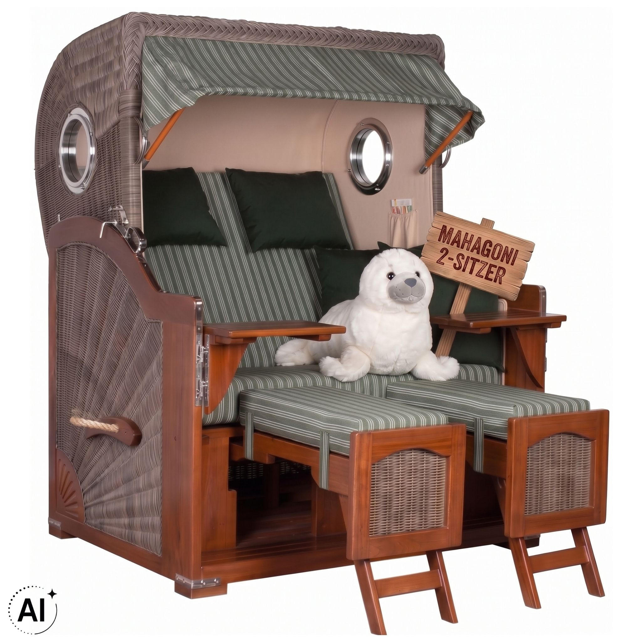 STRANDKORB 2-Sitzer Düne Mahagoni 504 - Braun/Grün, Holz (125/170/80cm) - Mr. Deko