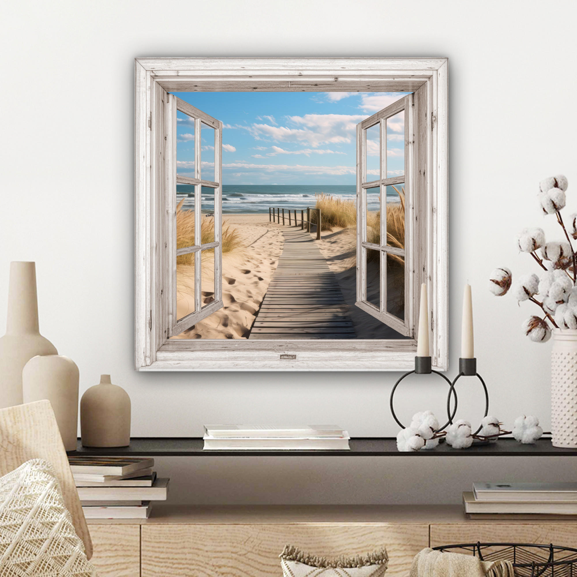 LEINWANDBILD Fenster - Meer - Küste - Natur - Ausblick - Strand - Wattenmeer 50x50 cm - Beige, Textil (50/50cm) - MuchoWow