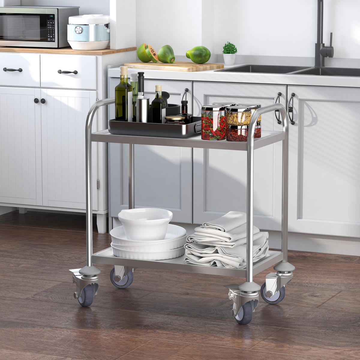 KÜCHENWAGEN, Zweistöckiger Edelstahl-Rollwagen, 80 x 45 x 82 cm, Silber - Multicolor, Metall (80/82/45cm) - FORIOUS