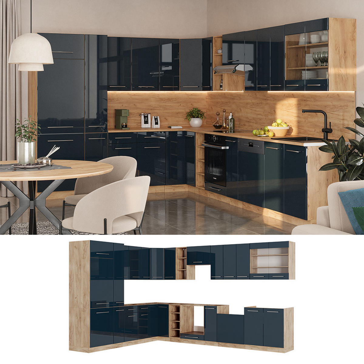 ECKKÜCHE Fame-Line Dunkelblau Hochglanz/Goldkraft Eiche 257x60 cm AP Marmor - Eiche Wotan/Dunkelblau, Holzwerkstoff (347/81.6/60cm) - Vicco