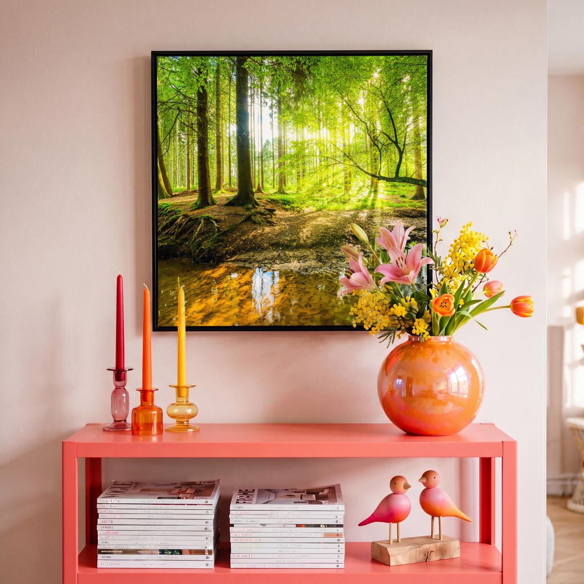 LEINWAND Bilder mit Rahmen - Wald - Landschaft - Wasser - Bäume - Sonne - Grün - Natur - 50x50 - Grün, Textil (50/50cm) - MuchoWow